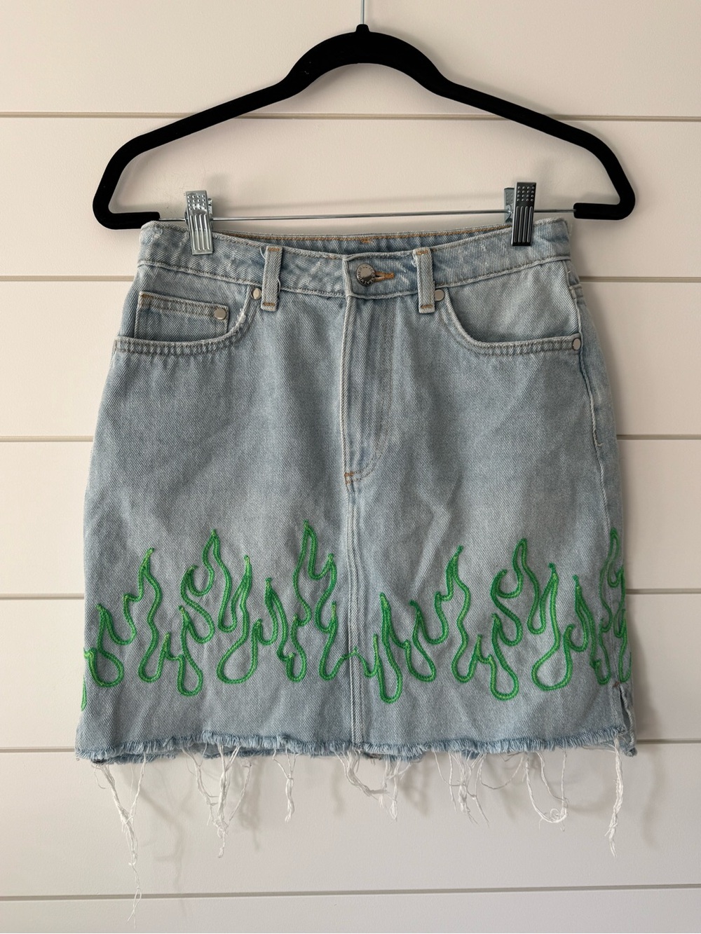 H&M Light Denim Mini Skirt with Custom Embroidered Green Flame Size 8